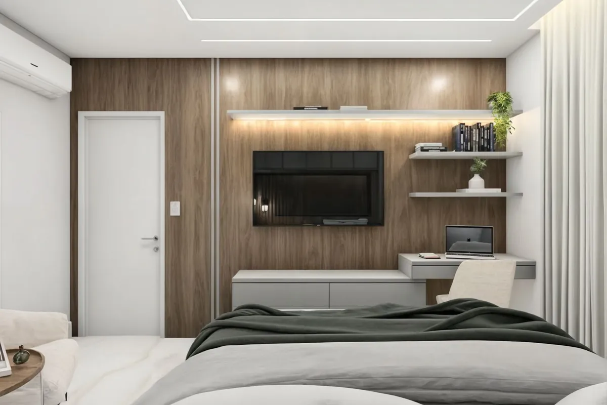 Mesmo quarto depois do projeto, com painel ripado, home office e iluminação embutida