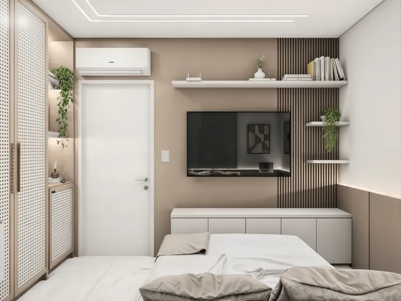 Quarto com parede bege, ripado de madeira e marcenaria clara