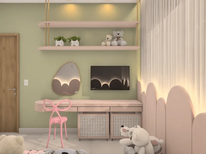 Quarto infantil com parede verde, marcenaria rosa curvada e cabeceira em formato de nuvem