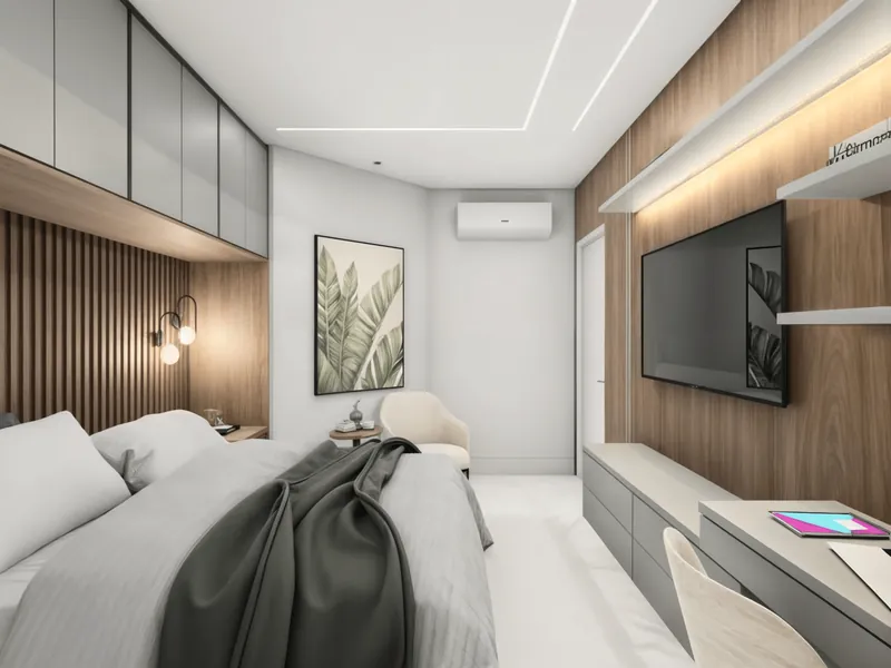 Quarto de casal com painel de TV iluminado, ripado de madeira e quadro botânico