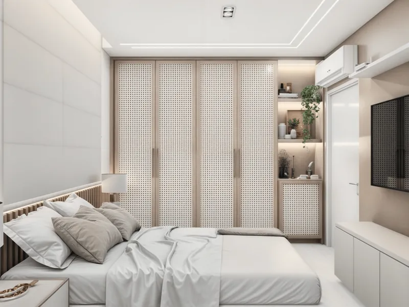 Quarto de casal com guarda-roupa em palhinha e paleta clara